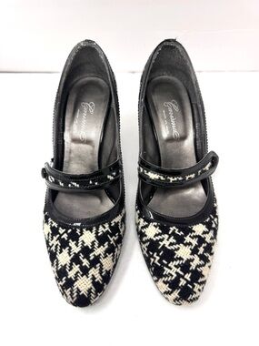 CARISMA black/white houndstooth fabric & leather Mary Janes, Italy, size 8.5